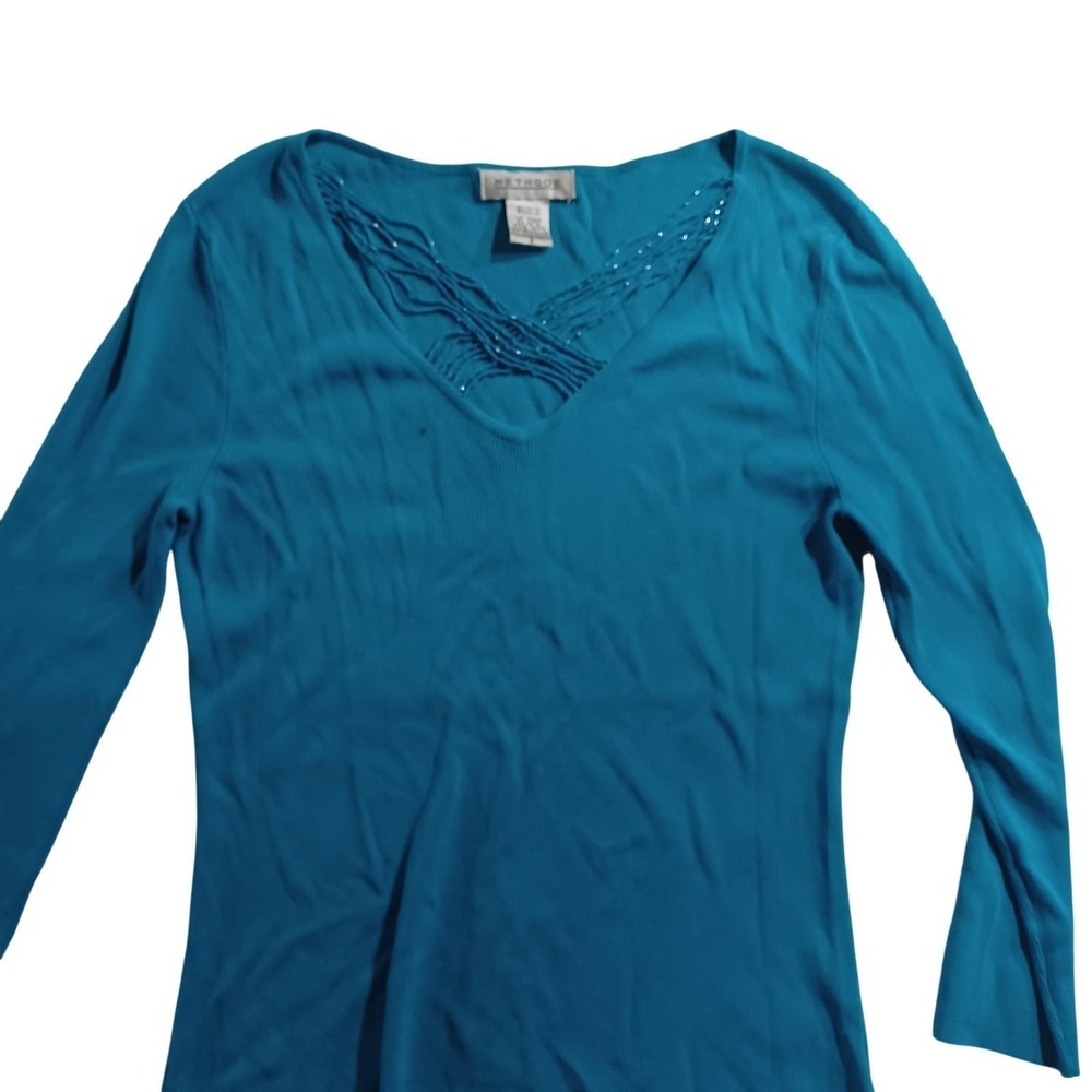 Methode T-Shirt Womens Small Blue V Neck Long Sleeve Beaded Top Knit Stretch
